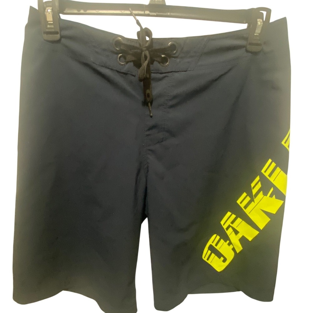 Oakley Board Shorts Men 31 Navy Blue Excellent Neon Yellow Logo Surf Swim